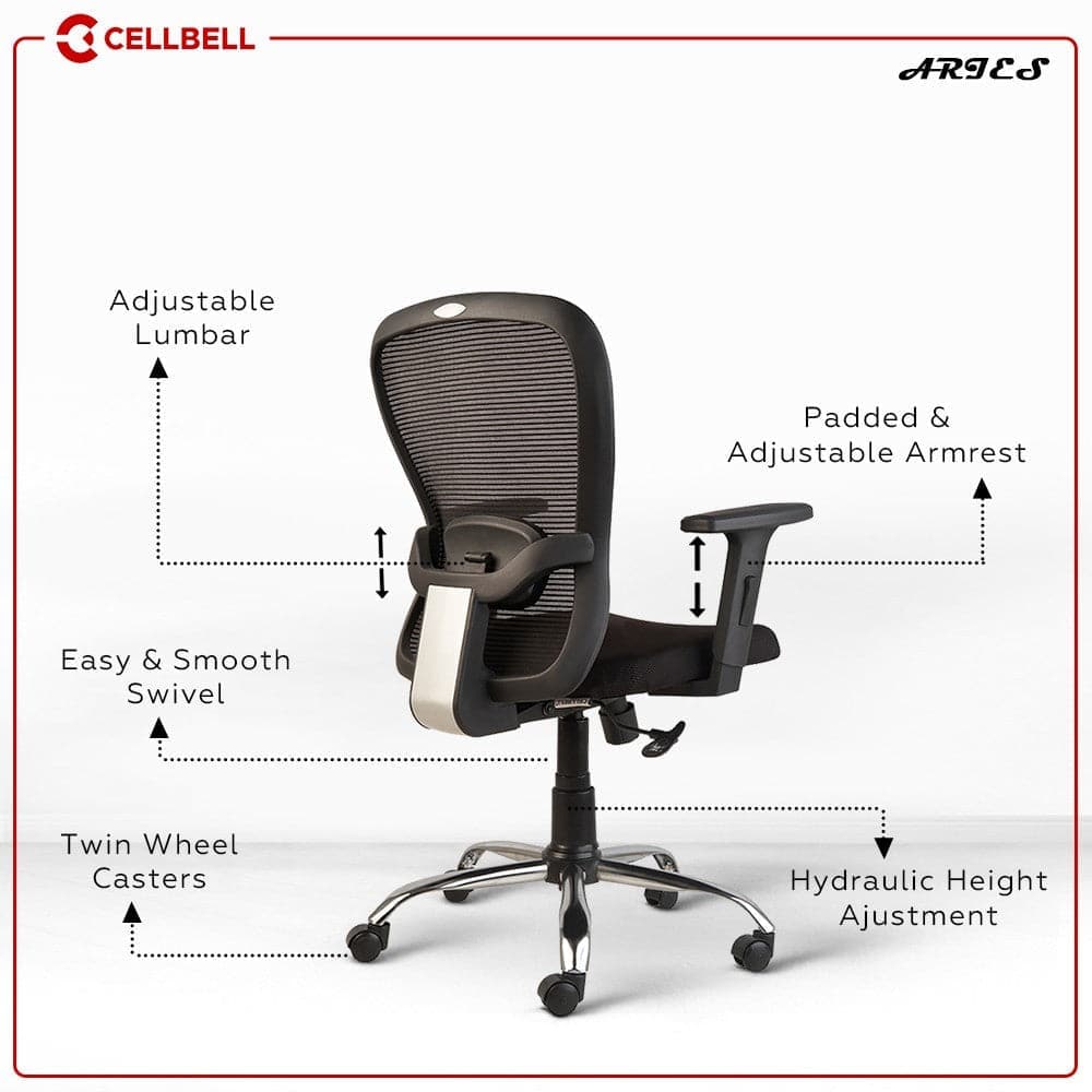 Aries C160 Mesh Mid back Office Chair [BLACK] Cellbell