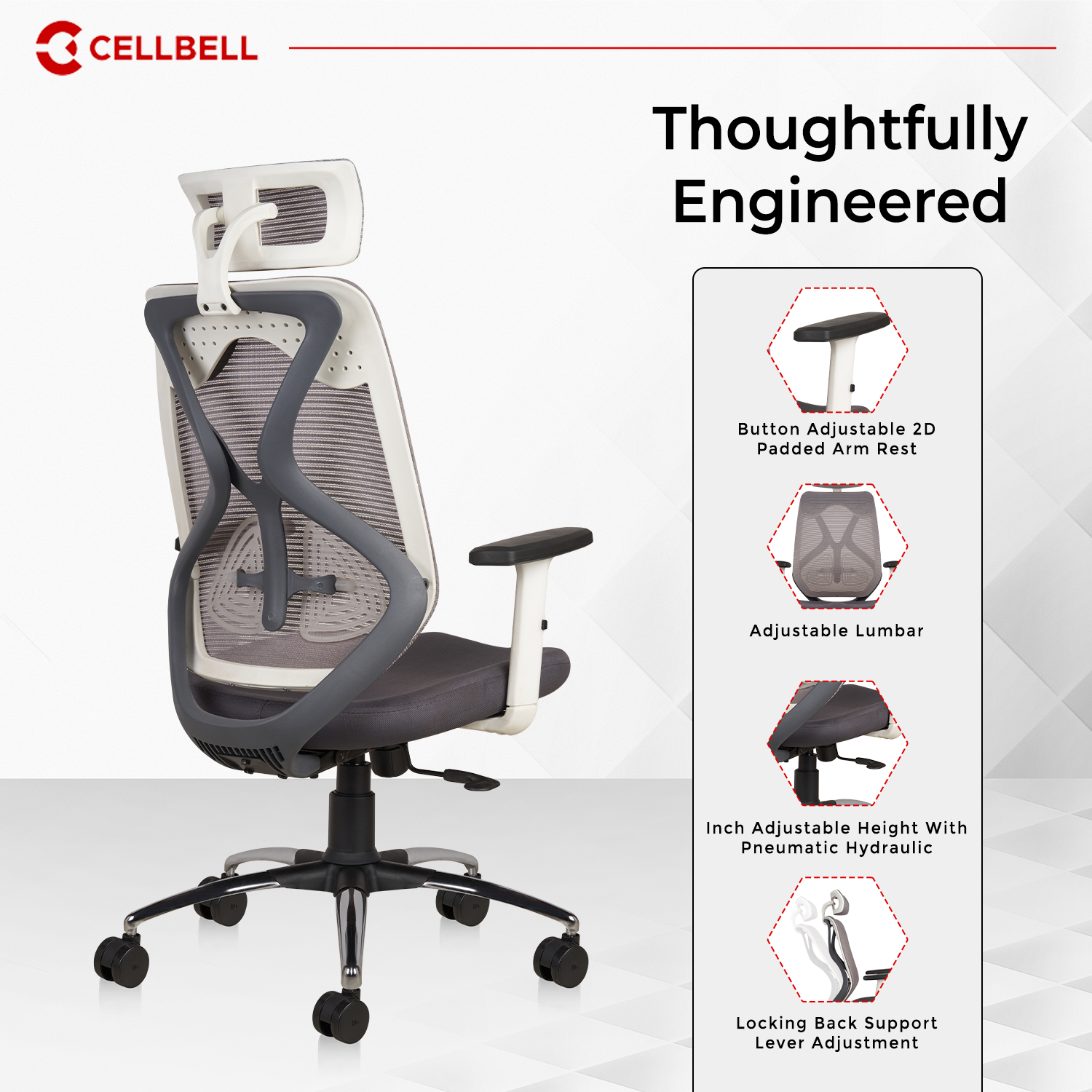 CELLBELL C190 Berlin Ergonomic Mesh Home & Office Chair Imported Pneumatic Hydraulic | 2D Padded Adjustable Arm Rest (High-Back), Blue-White Cellbell