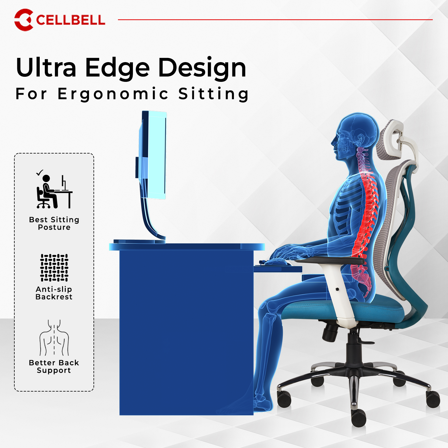 CELLBELL C190 Berlin Ergonomic Mesh Home & Office Chair Imported Pneumatic Hydraulic | 2D Padded Adjustable Arm Rest (High-Back), Blue-White Cellbell